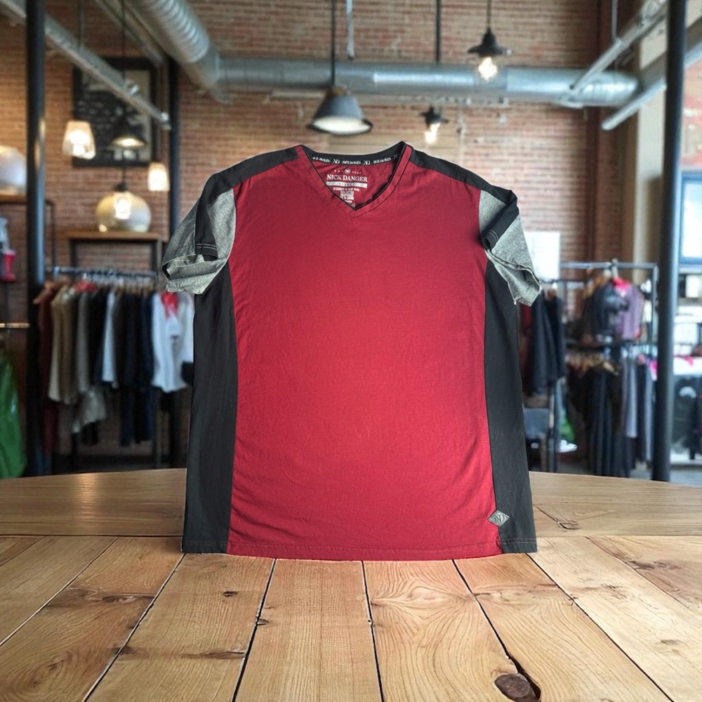 Nick Danger Men's V-Neck Red- black-gray designed in New York Cotton SZ XL